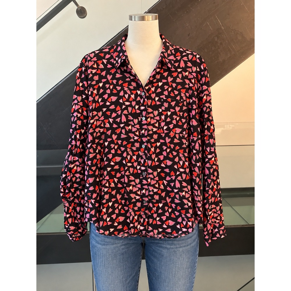 Rails Heart Print Ecovero Button Down Shirt Pink Red Large